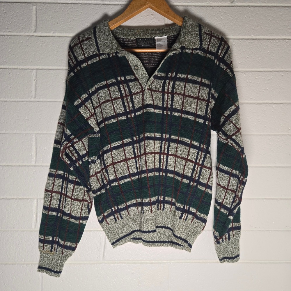 Vtg Sweater Graphix Mens Plaid Acrylic Knit Pullover Preppy Academia Retro M